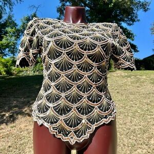 Laurence Kazar Black Gold Pearl Sequin Bead Scallop Short Sleeve Top